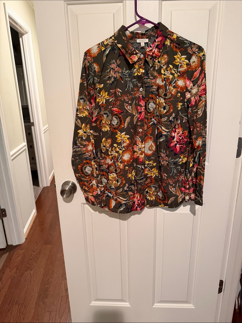 Talbots Olive Floral Button-Up Shirt with Pink & Yellow Accents